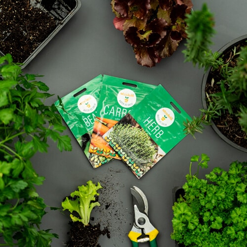 Labelled seed packets are scattered on a dark grey surface, surrounded by potted green plants, herb clippings, and a pair of secateurs.