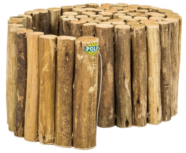 A group of thick, round wooden posts or stumps bundled tightly together and standing upright.