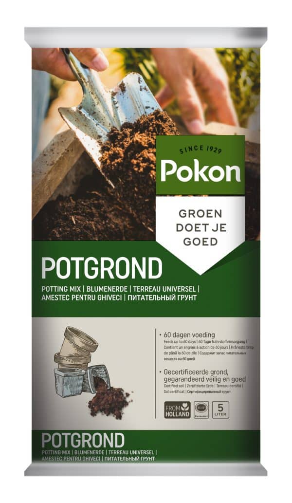 A Pokon potting mix bag with an image of hands mixing soil for potted plants on it.