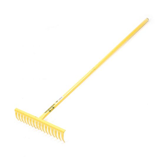 A yellow garden rake.