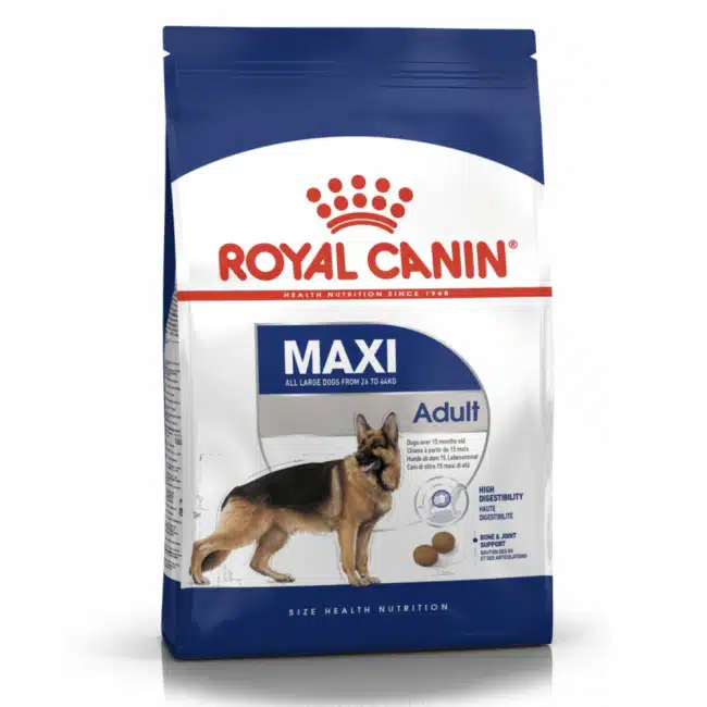 A 15kg bag of Royal Canin Maxi large breed adult dog food.